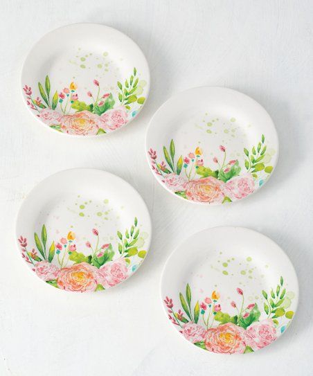 Green & White Floral Plate - Set of Four | Zulily