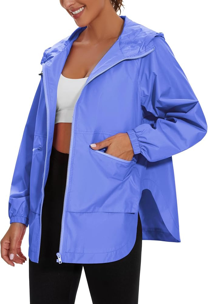 Womens Waterproof Raincoat Lightweight Rain Jacket Trench Coat Hooded Windbreaker With Pockets fo... | Amazon (US)