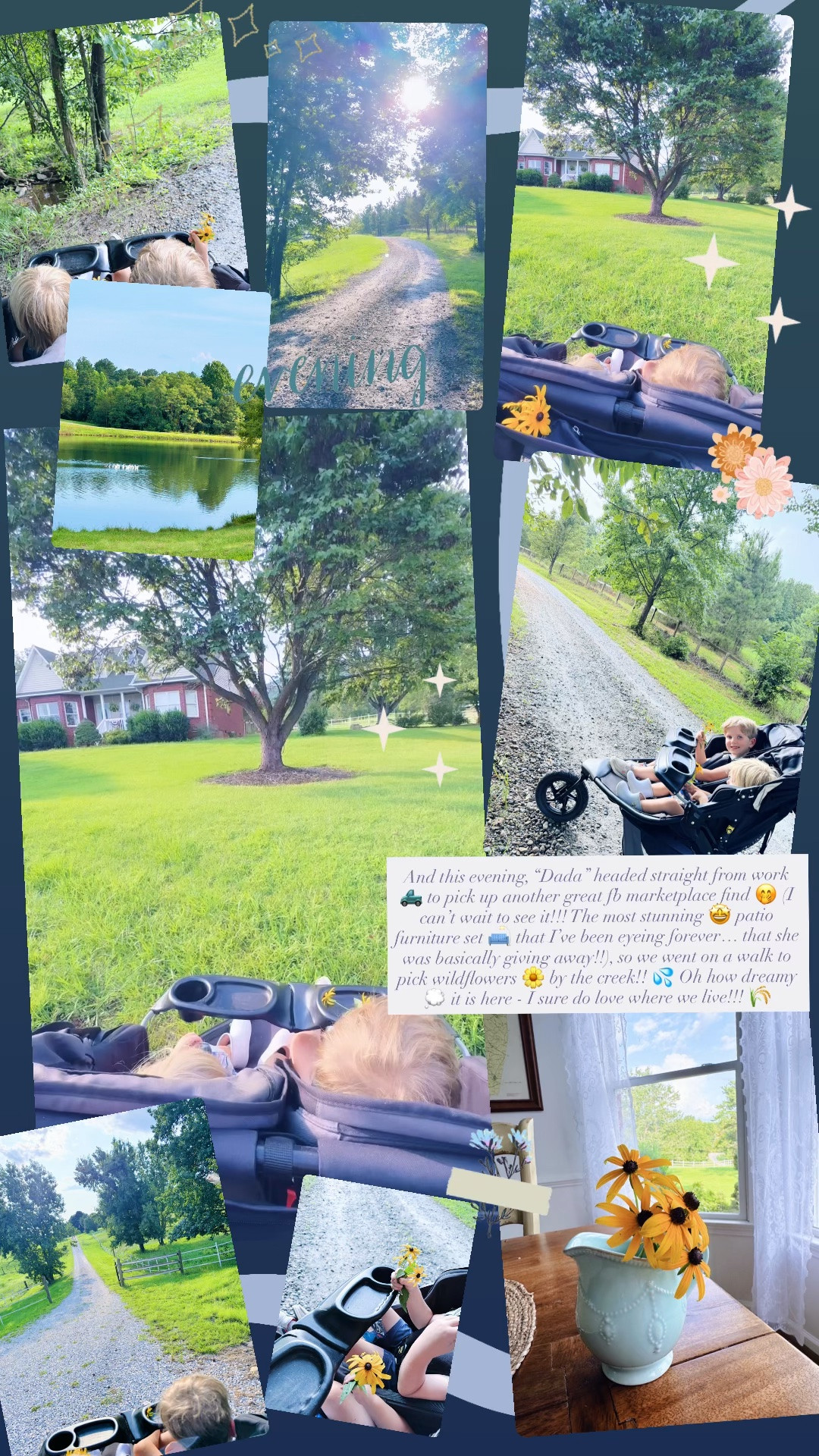 And this evening, “Dada” headed straight from work 🛻 to pick up another great fb marketplace find 🤭 (I can’t wait to see it!!! The most stunning 🤩 patio furniture set 🛋️ that I’ve been eyeing forever… that she was basically giving away!!), so we went on a walk to pick wildflowers 🌼 by the creek!! 💦 Oh how dreamy 💭 it is here - I sure do love where we live!!! 🌾