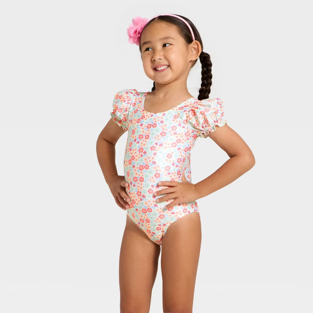 Toddler Girls' Puff Sleeve Ditsy Floral One Piece Swimsuit - Cat & Jack™ Cream | Target