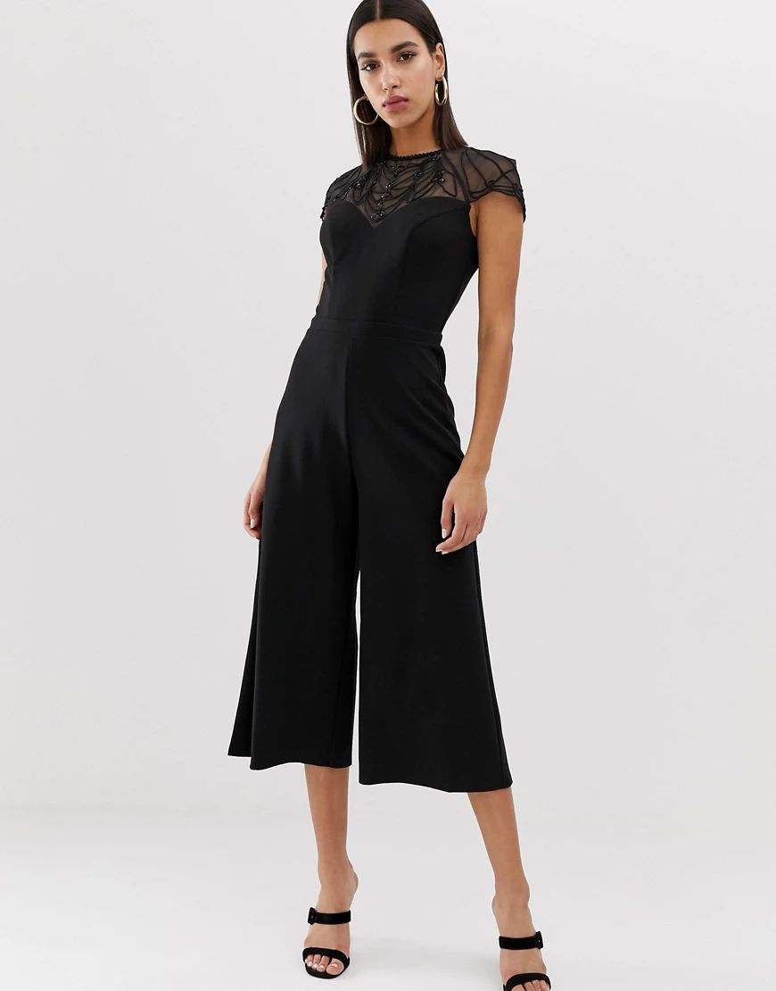 Lipsy culotte jumpsuit with embellished yoke in black | ASOS (Global)