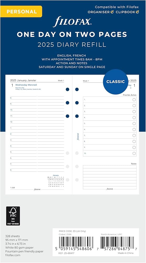 Filofax Calendar Diary Refill, Personal/Compact Size, Day on Two Pages with Appointments, White P... | Amazon (US)