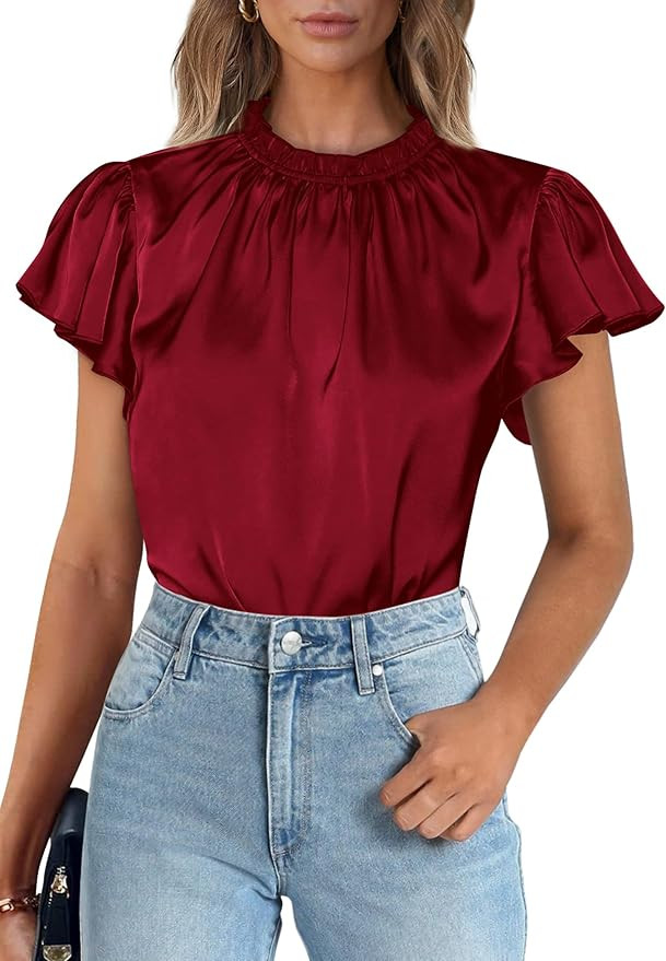 PRETTYGARDEN Women's Summer Satin Blouse Shirt Dressy Casual Ruffle Short Sleeve Crewneck Work Pa... | Amazon (US)