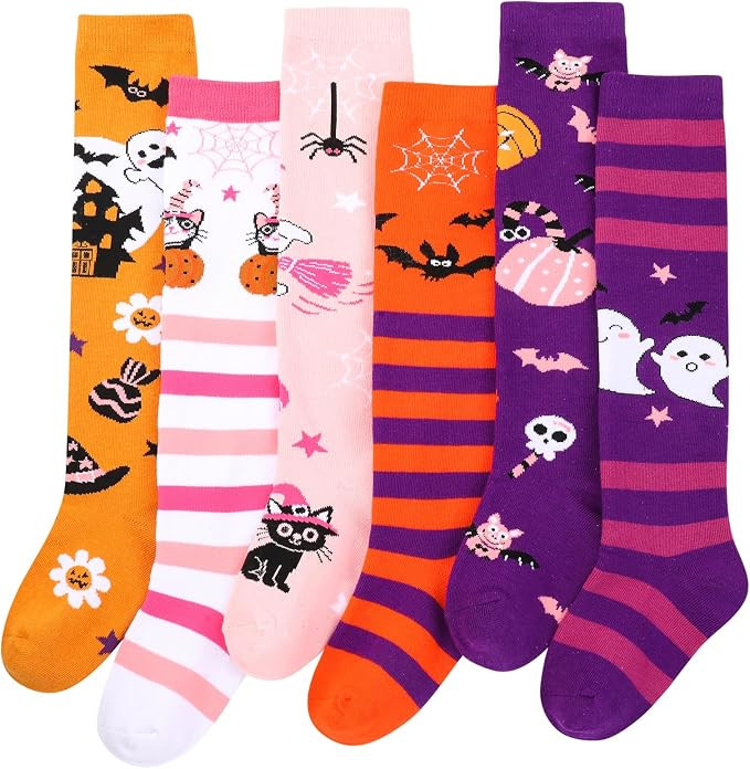 6 Pairs Girls Cute Halloween Knee High Socks Crazy Long Socks | Amazon (US)
