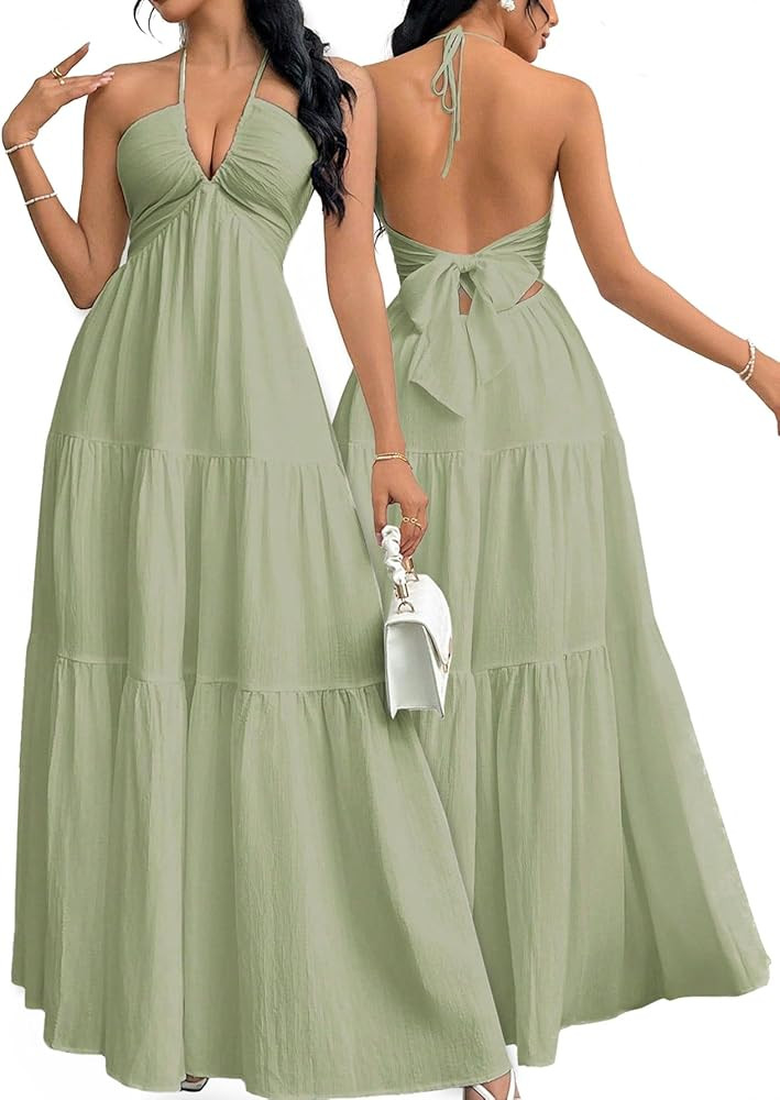 Narecte Women's Maxi Summer Dresses Halter V Neck Beach Dresses for Women A-Line Casual Dress for... | Amazon (US)