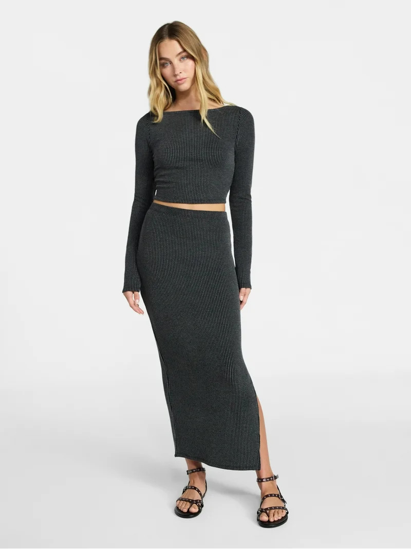 No Boundaries Long Sleeve Boat Neck Top and Midi Skirt Set, 2-Piece, Women’s XXS-XXL | Walmart (US)