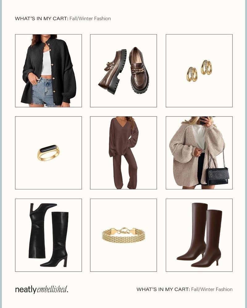 Check out these stylish fall and winter essentials! #neatlyembellished #fashion #fall #winter #holiday #amazon #amazonhaul #amazonfinds #amazonfashion