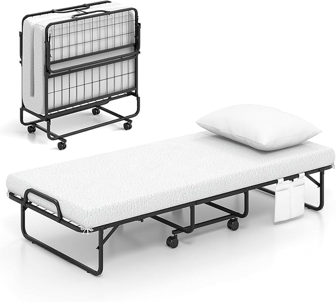 Giantex Folding Bed with Mattress and Top Pillow, Cot Portable Guest Bed w/Metal Frame, Storage P... | Amazon (US)