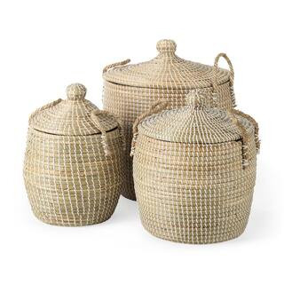 Mercana Olivia 15.7 in. L x 15.7 in. W x 17.3 in. H Set of 3 Beige Seagrass Basket with Lid and H... | The Home Depot