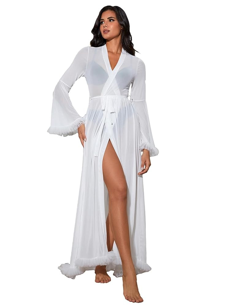 OYOANGLE Women's Ruffle Trim Long Sleeve Belted Sheer Mesh Wedding Bride Robe Nightgown | Amazon (US)