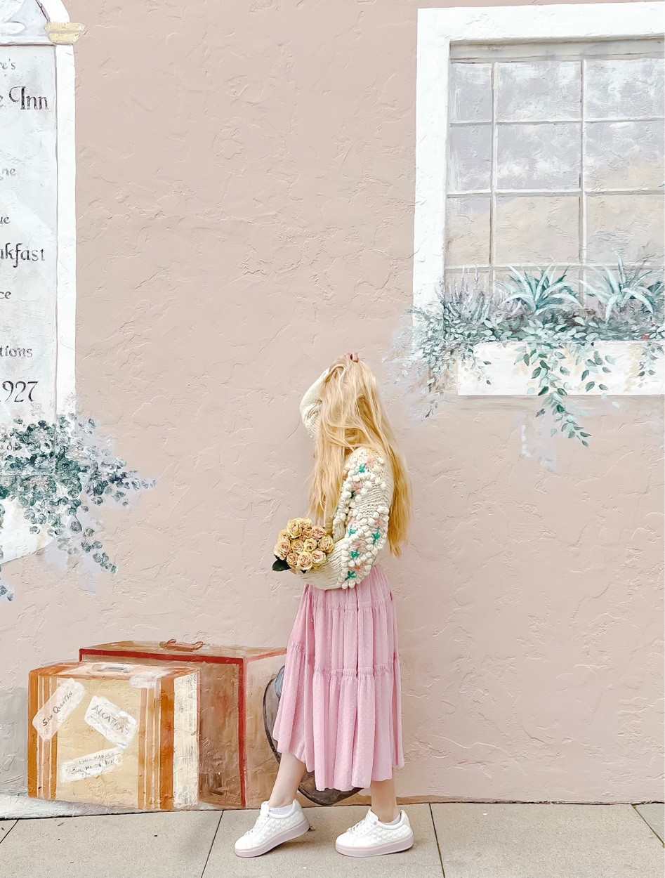 Pink cottage core fall outfit