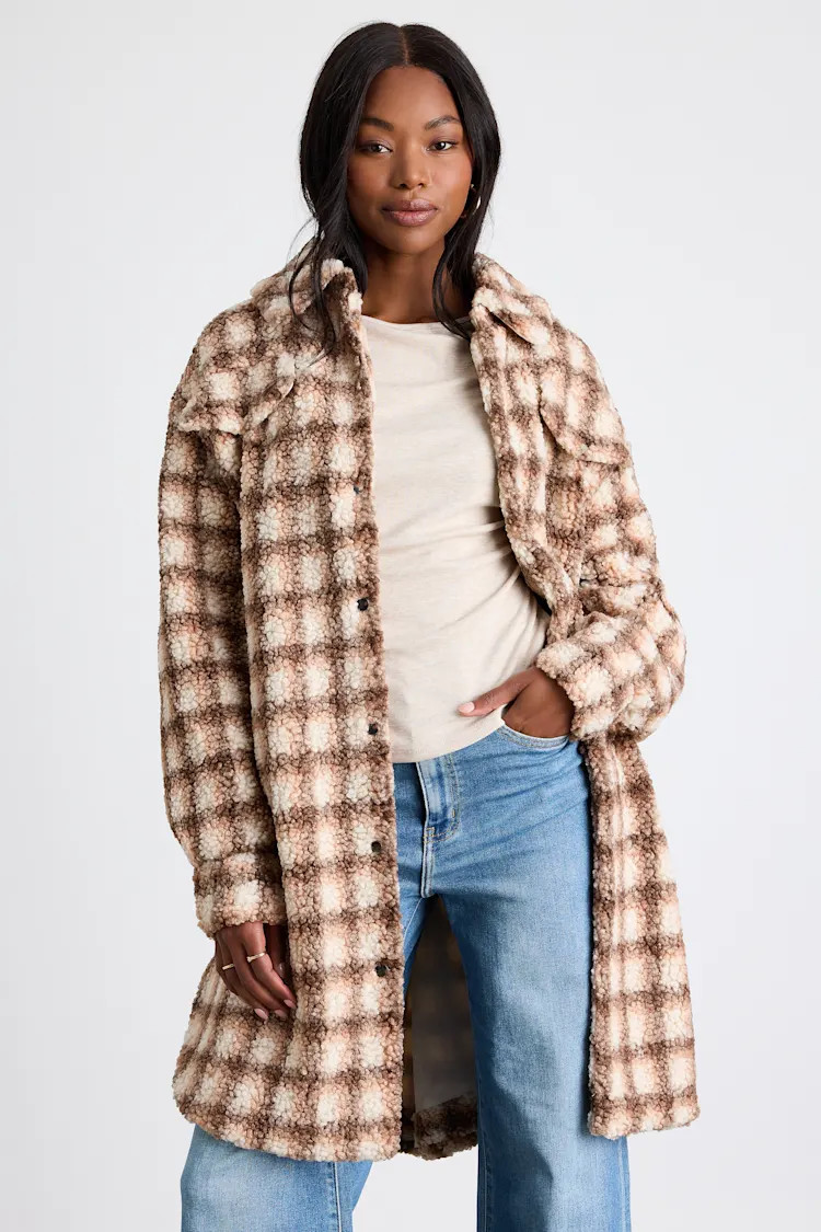 Winter Winds Beige and Brown Plaid Shearling Jacket | Lulus