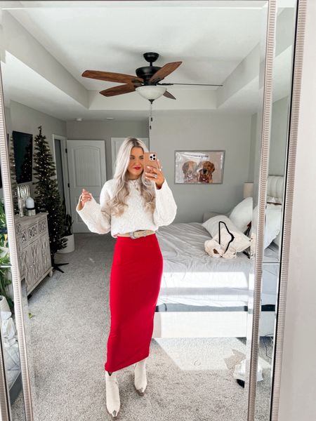 size up in booties! size small in red dress and *my sweater is sold out so i linked SIMILAR 🎁💫 holiday party outfit inspo 

#LTKstyletip #LTKSeasonal #LTKHoliday