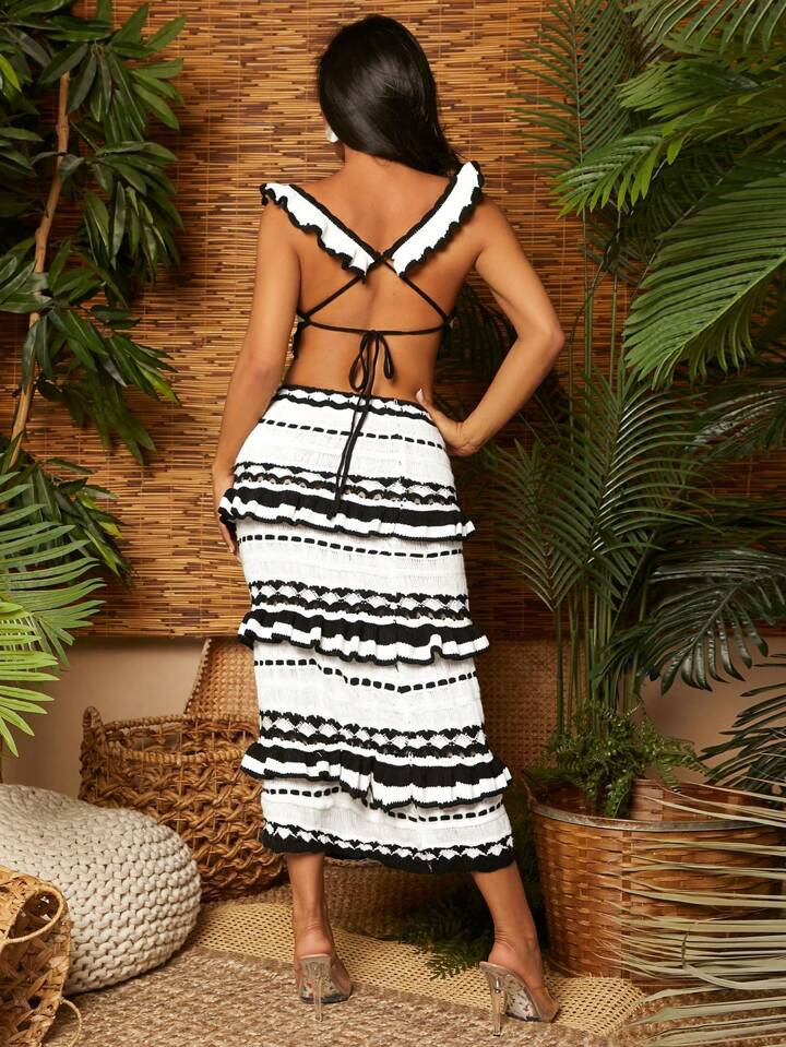 SHEIN SXY Women's Fashionable Black & White Contrast Color Crochet Fringe Low Waist Ruffle Hem Se... | SHEIN