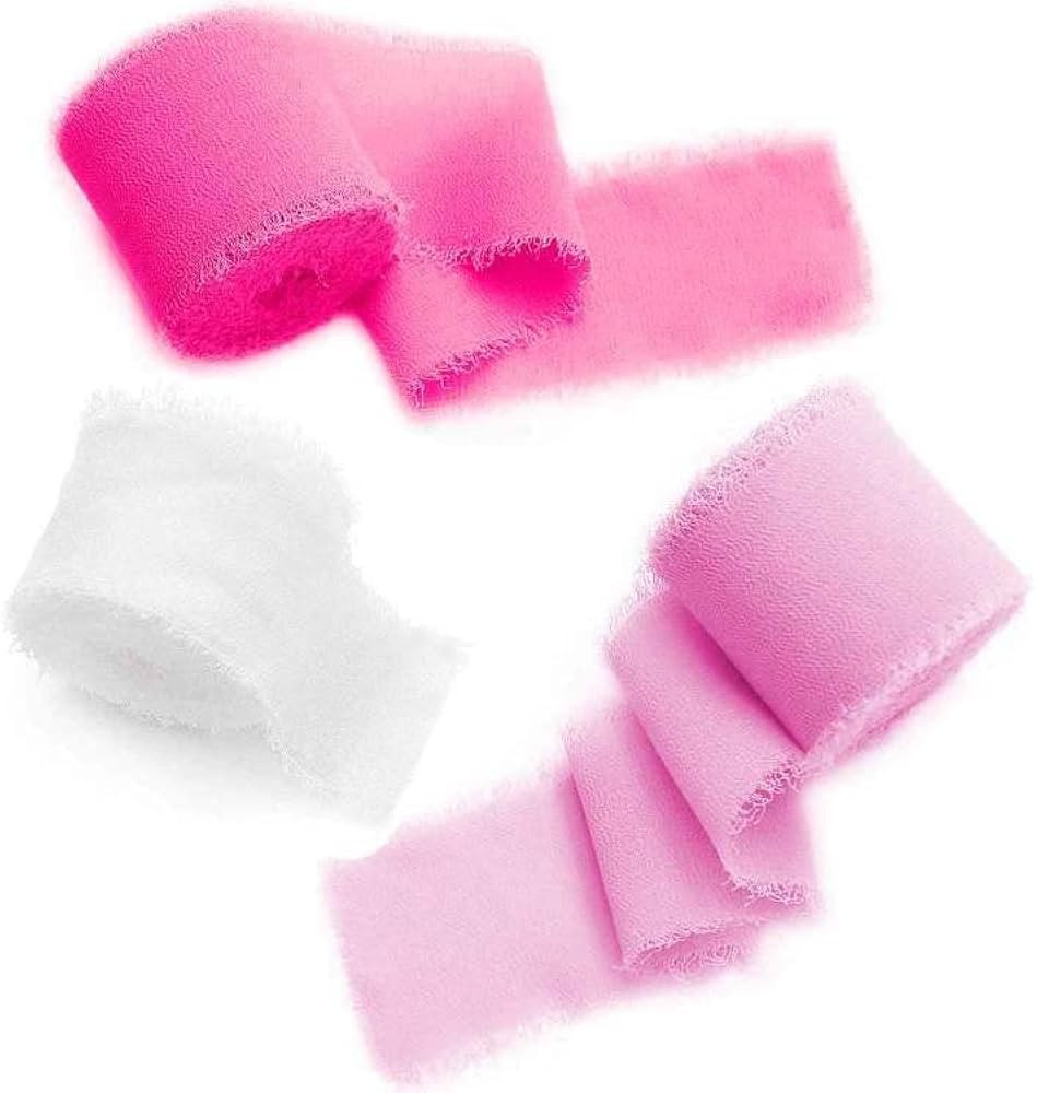 3 Rolls Fringe Chiffon Silk Ribbon Gauze 1.5" x 7Yd Light Pink & Pink & White Ribbons Set for Wed... | Amazon (US)