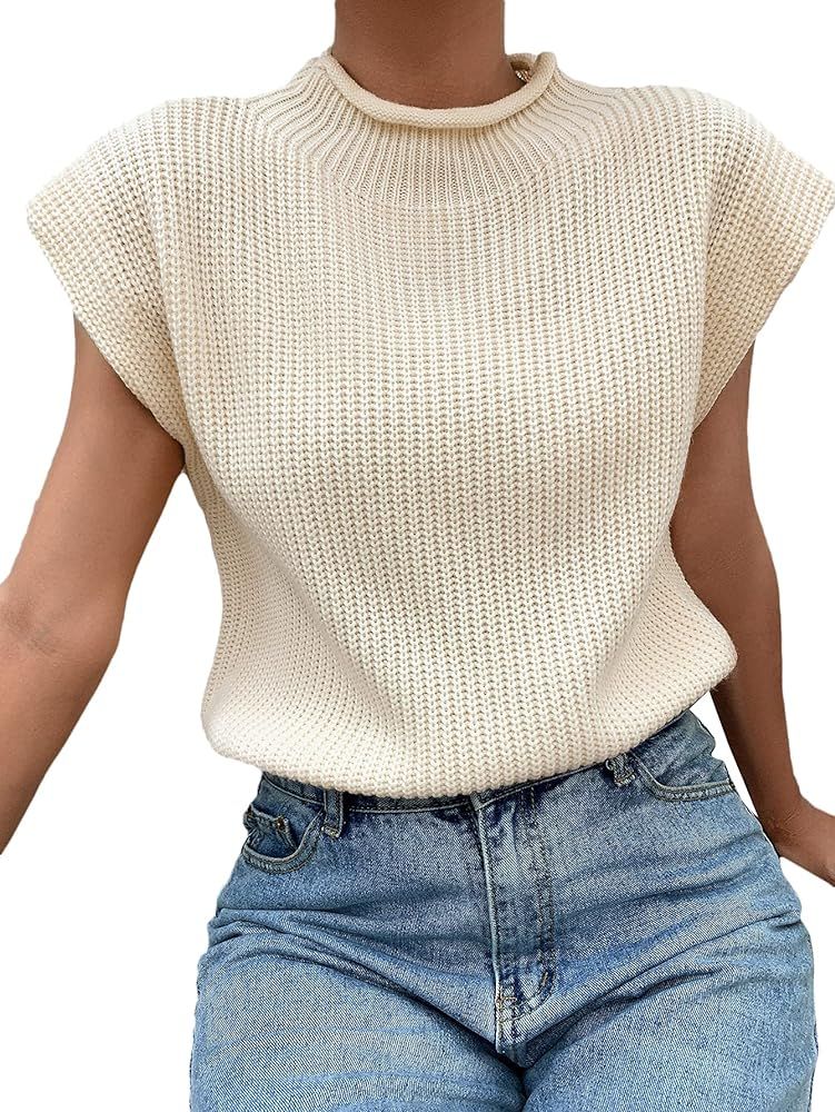Women's Mock Neck Short Cap Sleeve Sweater Vest Casual Solid Knit Pullover Top | Amazon (US)