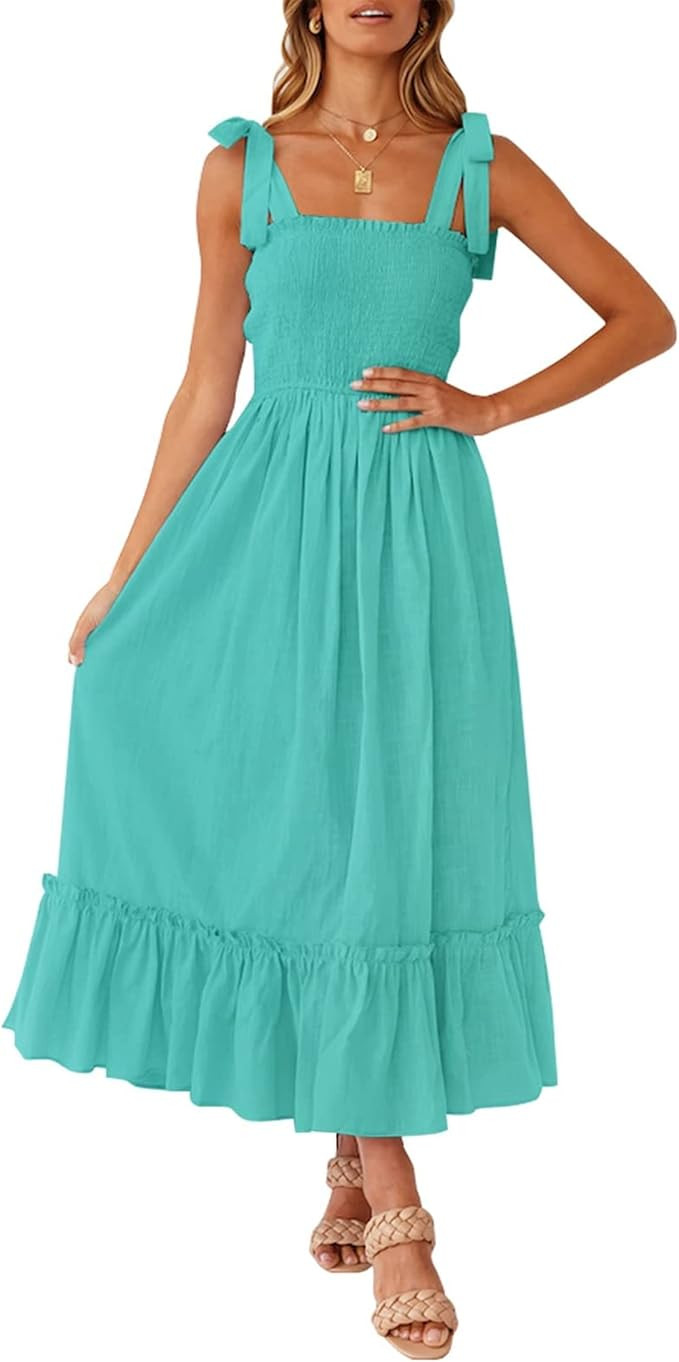 ZESICA Women's Summer Boho Spaghetti Strap Square Neck Solid Color Ruffle A Line Beach Long Maxi ... | Amazon (US)