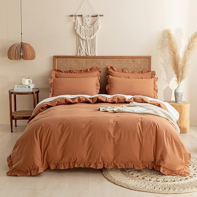 JELLYMONI Duvet Cover Queen Size - 100% Washed Cotton Rustic Ruffle Rust Comforter Cover Set, 3pc... | Amazon (US)