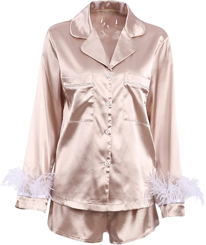 Women Satin Feather Sleeve Pajamas Set Button Down Long Sleeve Sleepwear Silk Shorts 2Pcs Nightwe... | Amazon (US)