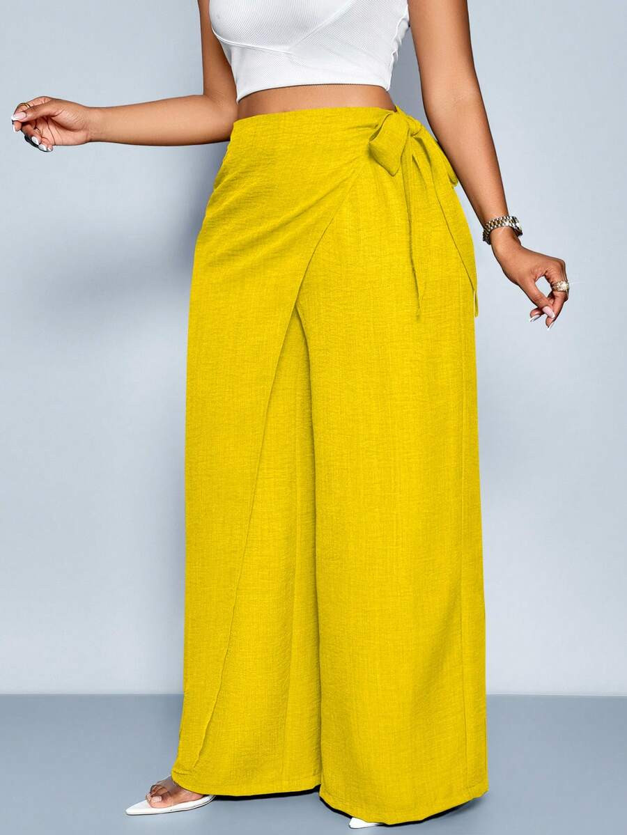 SOLERSUN Plus-Size Women's Linen-Like Belted High Waist Linen-Blend  Tie Side Belted Wide Leg Pa... | SHEIN