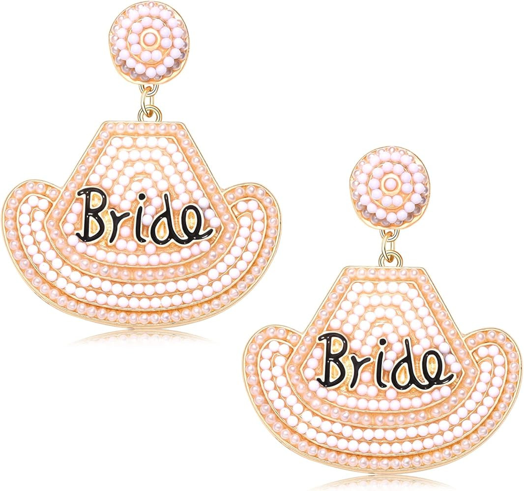 Bride Beaded Earrings Handmade Western Country Cowboy Hat Nashville Bride Preppy Earrings for Wom... | Amazon (US)
