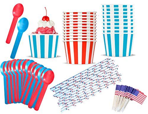 Patriotic Ice Cream Sundae Kit - Red White and Blue - 8 Ounce Striped Paper Treat Cups -Heavyweight  | Amazon (US)