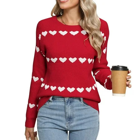 Valentine Hearts Sweaters Cute Long Sleeve Crewneck Casual Knitted Sweaters Tops | Walmart (US)