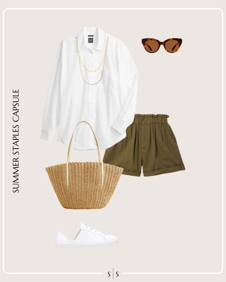 Summer Staples Capsule Wardrobe outfit idea | white button up, olive shorts, necklace, straw tote bag, sunglasses, white sneakers, gold layering necklaces 

See the entire Summer Staples Capsule Wardrobe on thesarahstories.com ✨ 


#LTKStyleTip