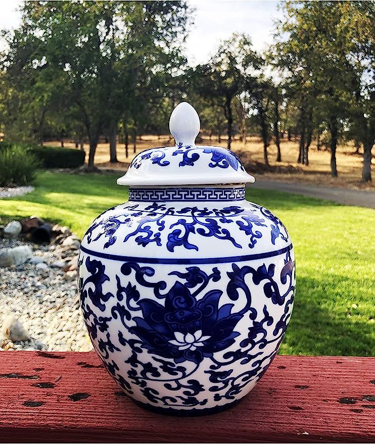 Ancient Chinese Style Blue and White Porcelain Helmet-shaped Temple Jar.Large size lotus pattern | Amazon (US)