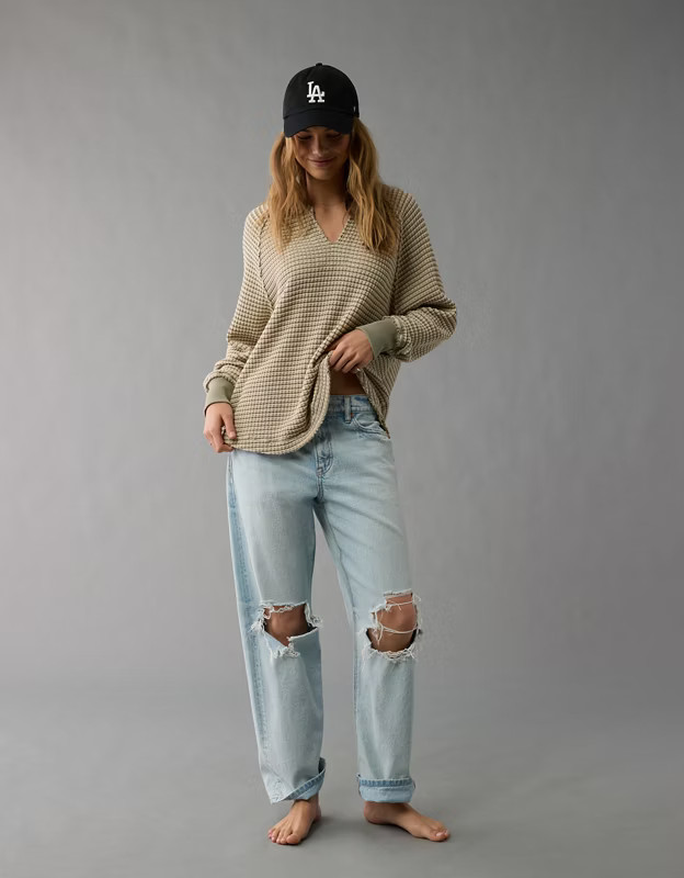 AE Big Hug Notch Neck Waffle Sweatshirt | American Eagle Outfitters (US & CA)