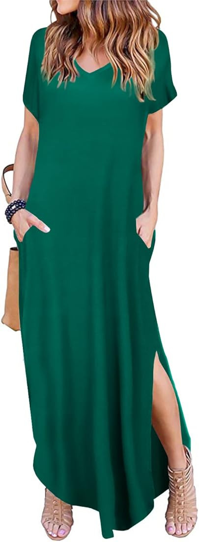 Women's Summer Maxi Dress Short Sleeve V Neck Casual Loose Long Beach Split Dresses with Pockets | Amazon (US)