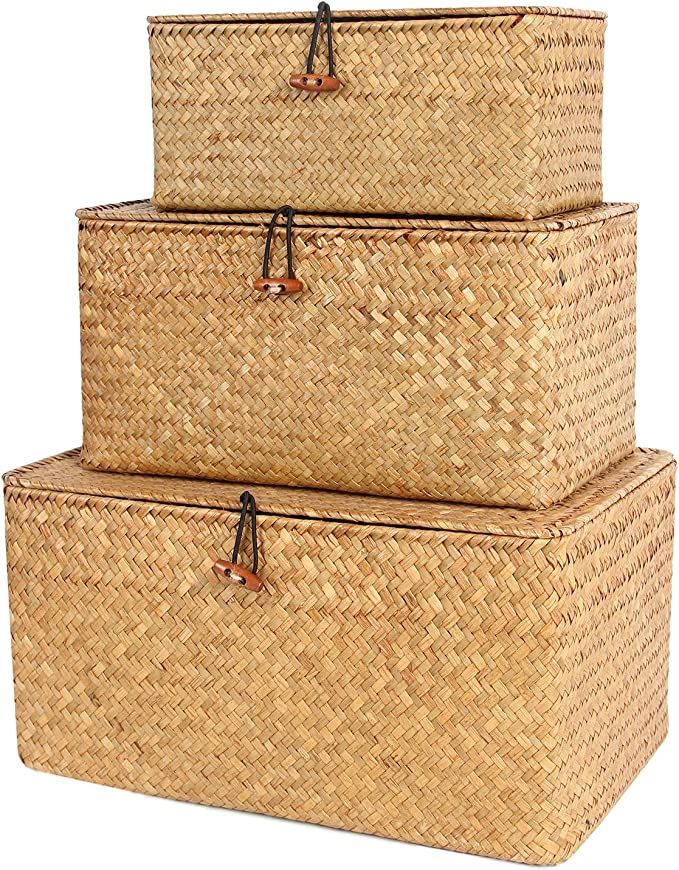 FEILANDUO Shelf Baskets with Lids Set of 3 for Home Decor Seagrass Storage Baskets Wicker Rattan ... | Amazon (US)