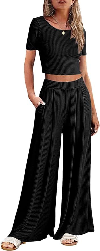 Ekouaer Womens Lounge Set 2 Piece Pajama Sets Short Sleeve Outfit Sets Ribbed Crop Top Wide Leg P... | Amazon (US)
