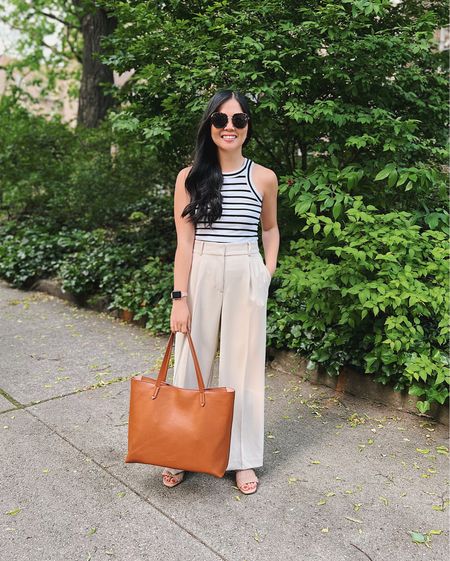 LOFT outfit
Business casual outfit 
Summer work outfit 
Black and white striped tank (XS)
High waisted pants  (4P)
Summer work pants 
Beige pants 
Petite pants 
Brown tote bag 
Braided sandals 
Braided heels 
Tortoise sunglasses 

#LTKSeasonal #LTKworkwear #LTKunder50