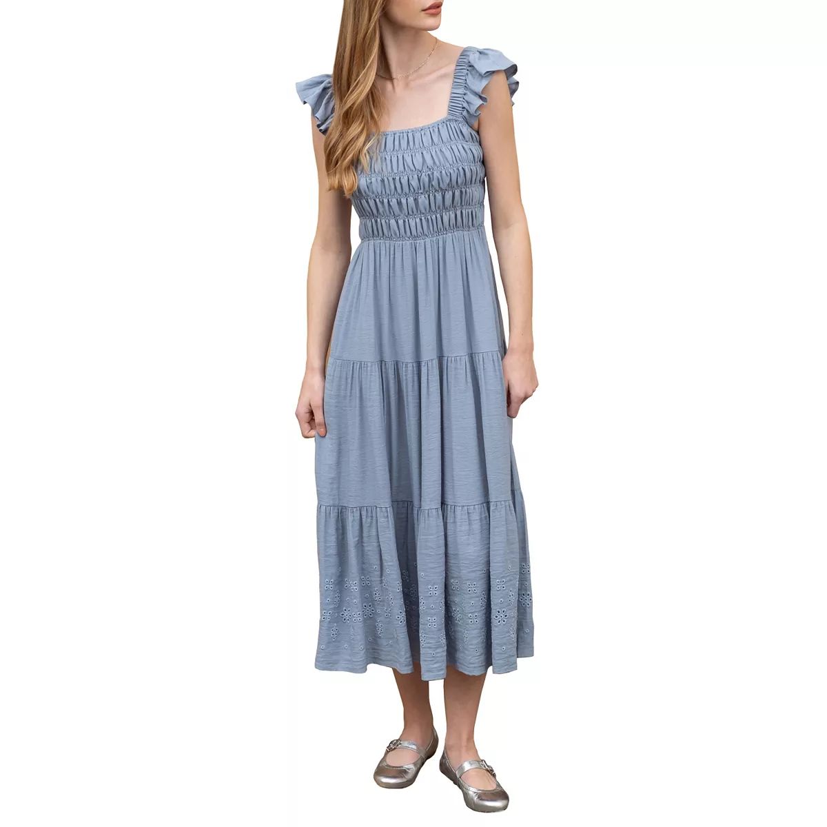 August Sky Women's Eyelet Ruched Tiered Midi Dress | Kohl's
