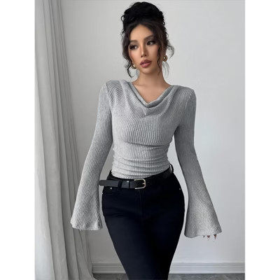 Casual Ribbed Knit Cowl Neck Off-Shoulder Fitted Long-Sleeve Top for Women, Ruched Asymmetric Hem Blouse Grey L | Target