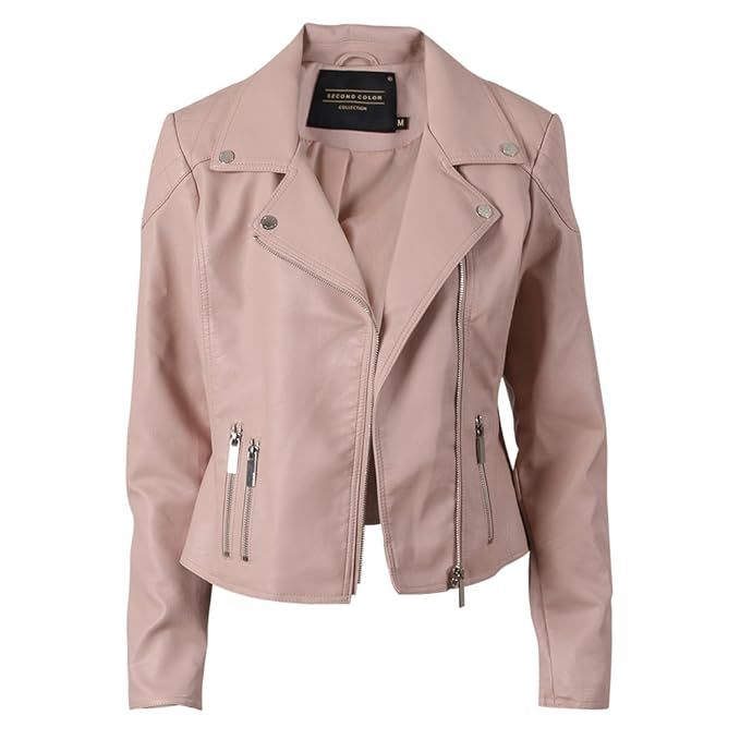 SECOND COLOR Ladies Faux Leather Jacket, Lapel Collar Motorcycle Zip Up Long Sleeve Moto Biker Sh... | Amazon (US)