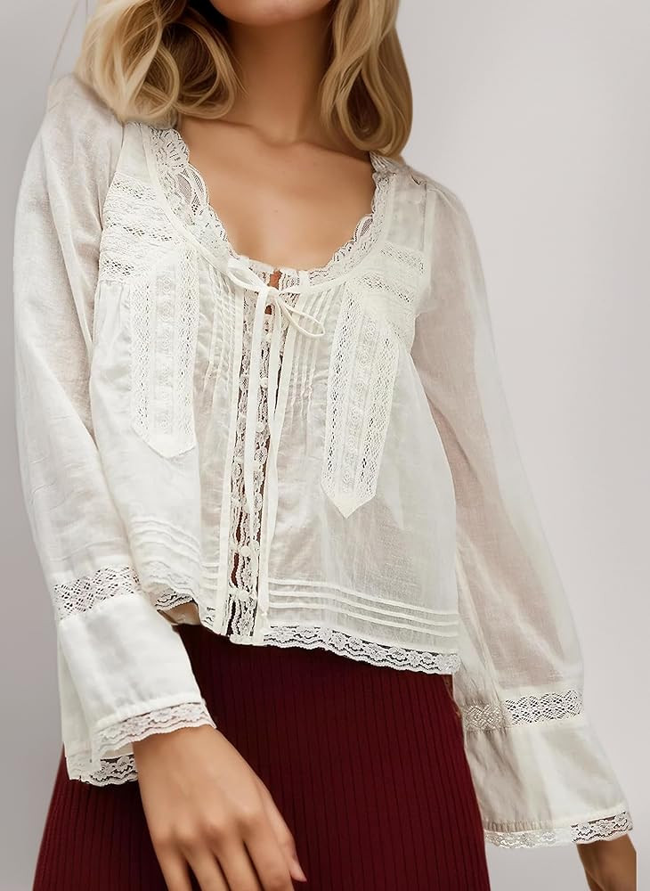 Yoisdtxc Women Boho Tops Lace Tie Up Front Sheer Blouses Spring Fall Casual Tops | Amazon (UK)