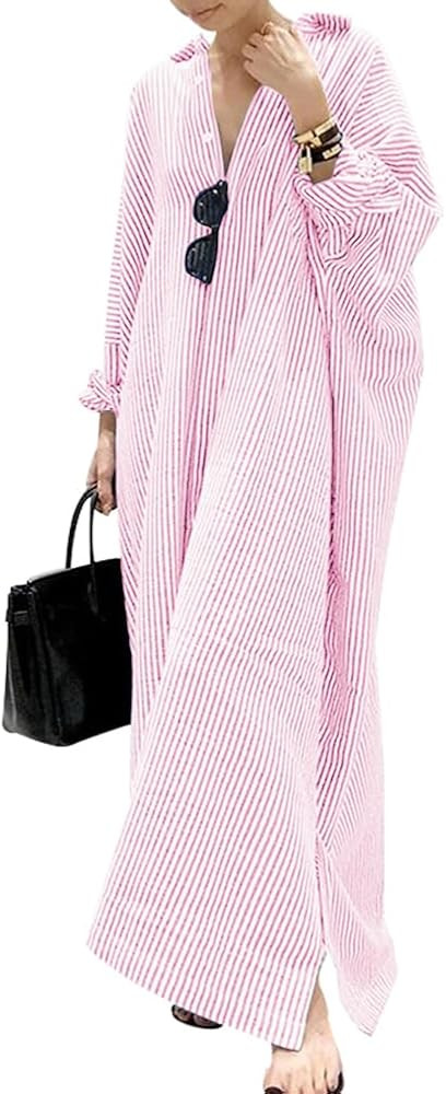 chouyatou Women's Casual Long Sleeve Button Down Loose Striped Cotton Maxi Shirt Dress | Amazon (US)
