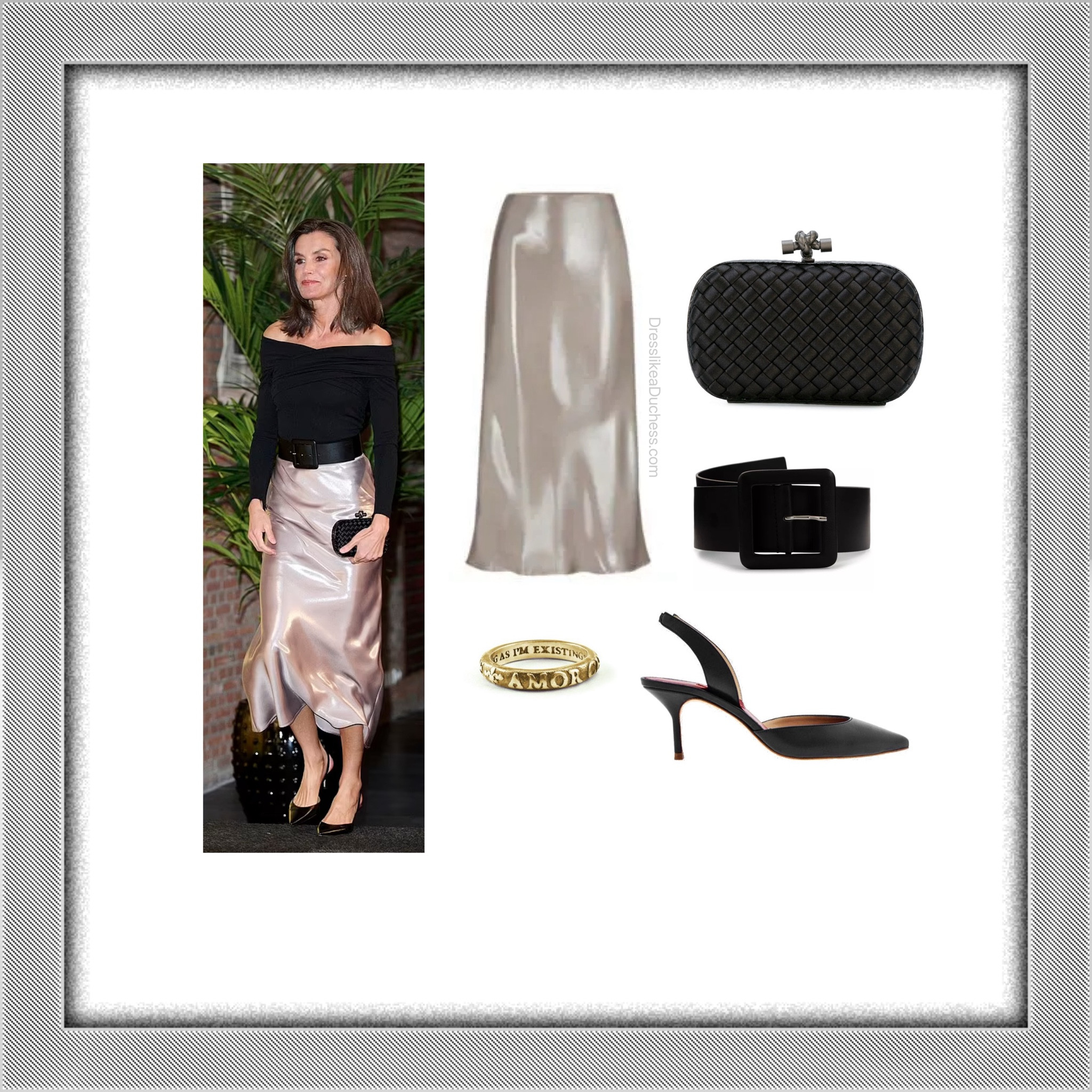 Queen Letizia in Amsterdam in April 2024 in unidentified black shirt, Hugo boss skirt, Bottega clutch, Herrera slingbacks  