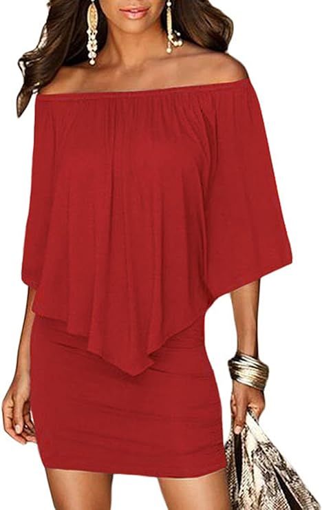 Sidefeel Women Off Shoulder Ruffles Bodycon Mini Dress | Amazon (US)
