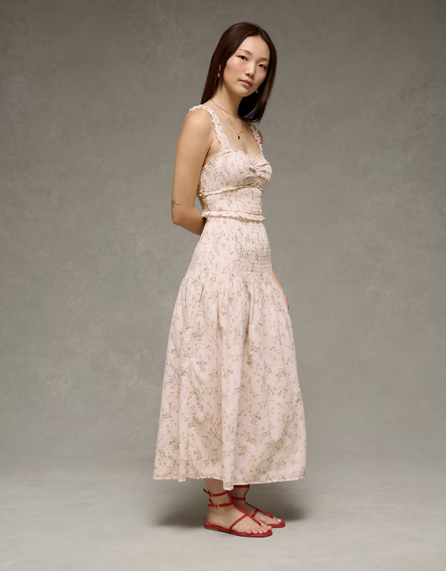 AE Catie Corset Smocked Floral Midi Dress | American Eagle Outfitters (US & CA)