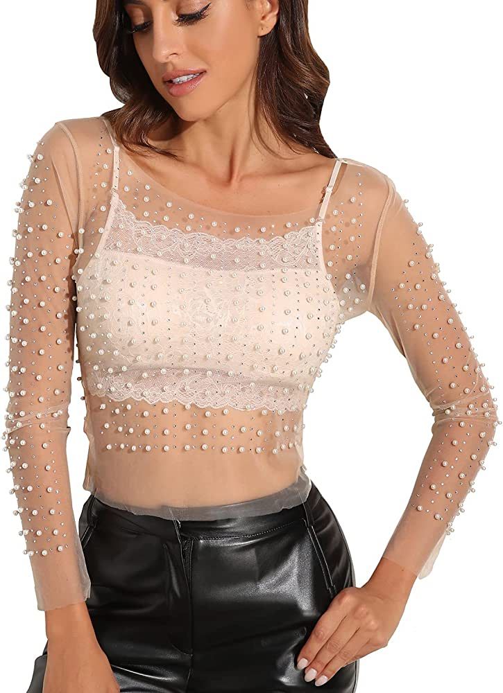 Modegal Women's Pearl Rhinestone See Through Long Sleeve Mesh Blouse One Piece Cover Up Crop Top | Amazon (US)