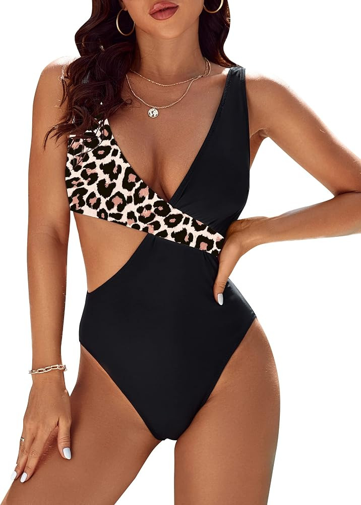Blooming Jelly Womens One Piece Cutout Swimsuits Sexy High Cut Bathing Suits Cheeky Color Block Monokini (Large, Leopard) | Amazon (US)