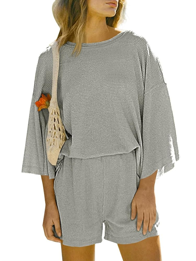 Tankaneo Womens Short Sets 2 Piece Outfits 3/4 Sleeve Tops and Elastic Waist Shorts Lounge Set Ca... | Amazon (US)