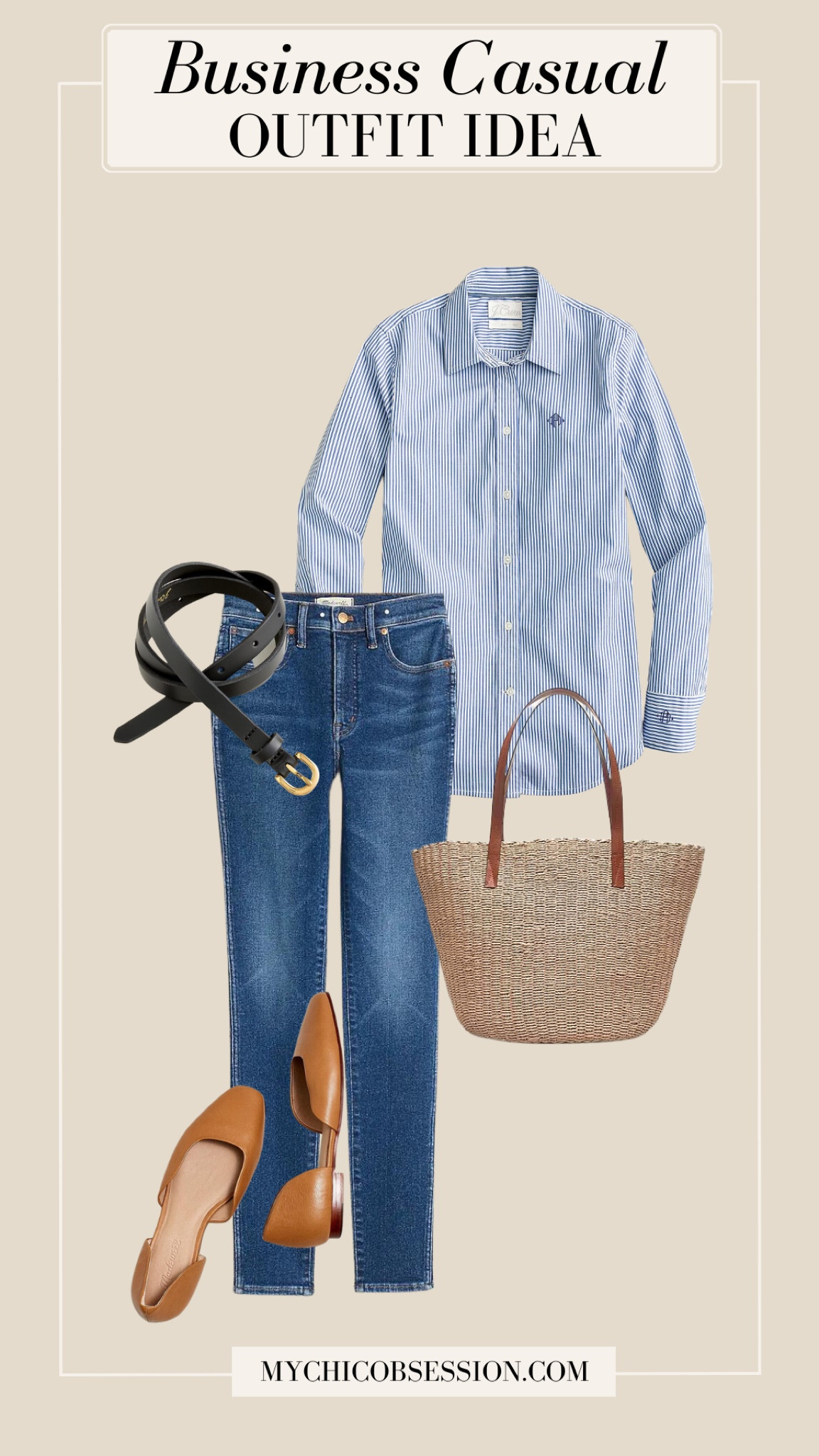 A navy blue and white striped button down can take you from summer to fall! For a business casual (or casual Friday) look, try a dark-washed pair of slim jeans, a basket tote, a black belt and leather flats. 

#LTKworkwear #LTKSeasonal #LTKstyletip