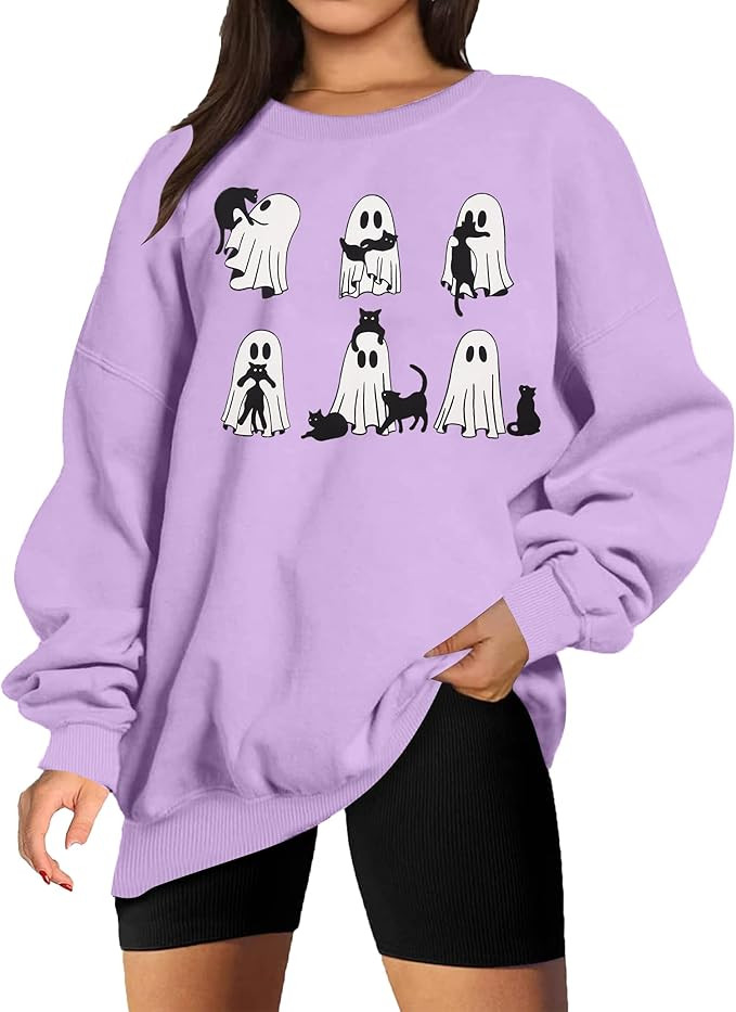 ASTANFY Halloween Sweatshirts for Women Black Cat Ghost Sweatshirts Spooky Season Crewneck Sweate... | Amazon (US)