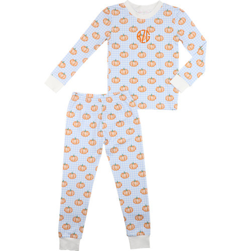 Blue Check Pumpkin Print Knit Pajamas | Cecil and Lou