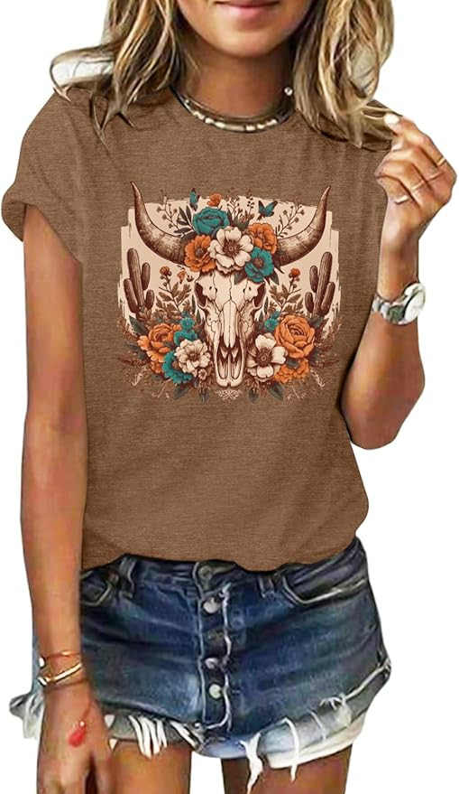 GEMLON Graphic T-Shirts for Women Loose Print Short Sleeve Tops Summer Casual Tees Shirt | Amazon (US)