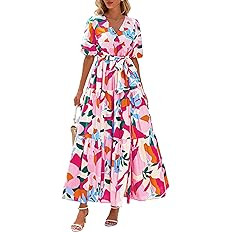 PRETTYGARDEN Women's Summer Maxi Dress 2026 Resort Wear Boho Floral V Neck Puff Short Sleeve Ruff... | Amazon (US)